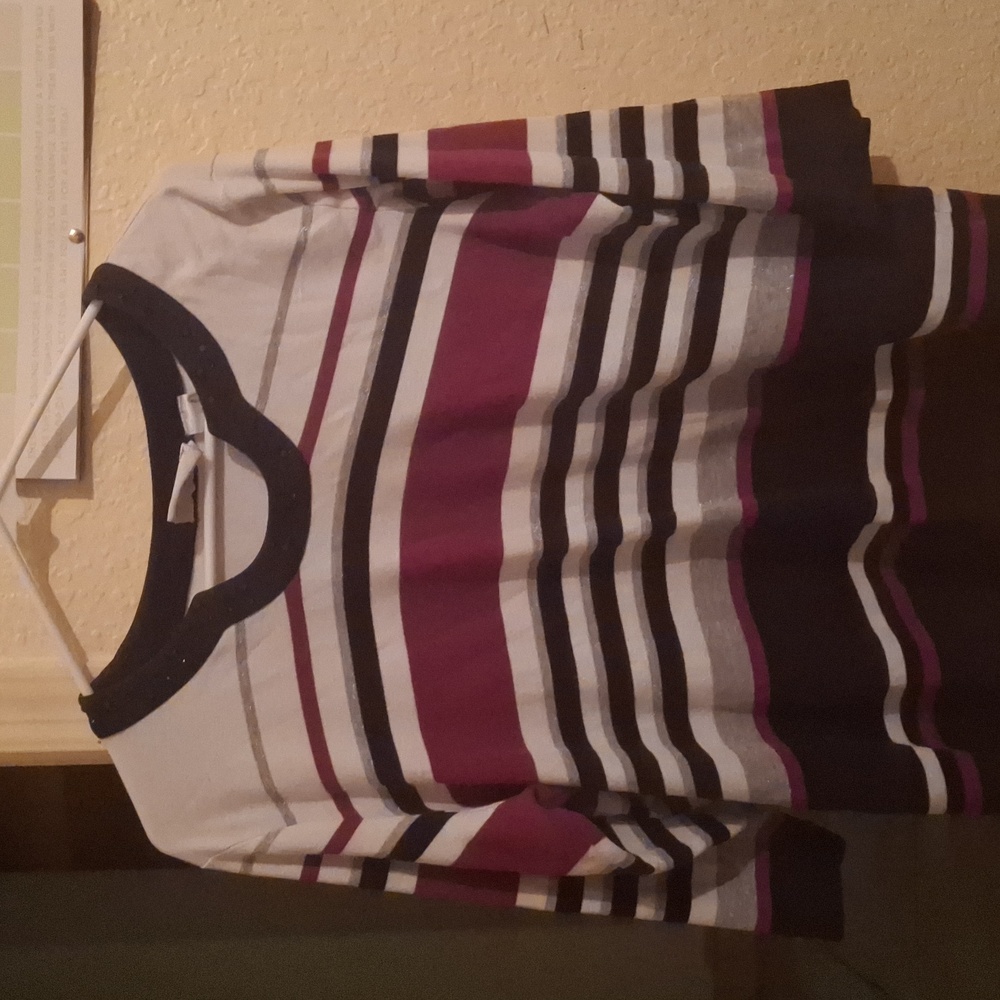 A striped color and rhinestone long sleeve v neck shrit